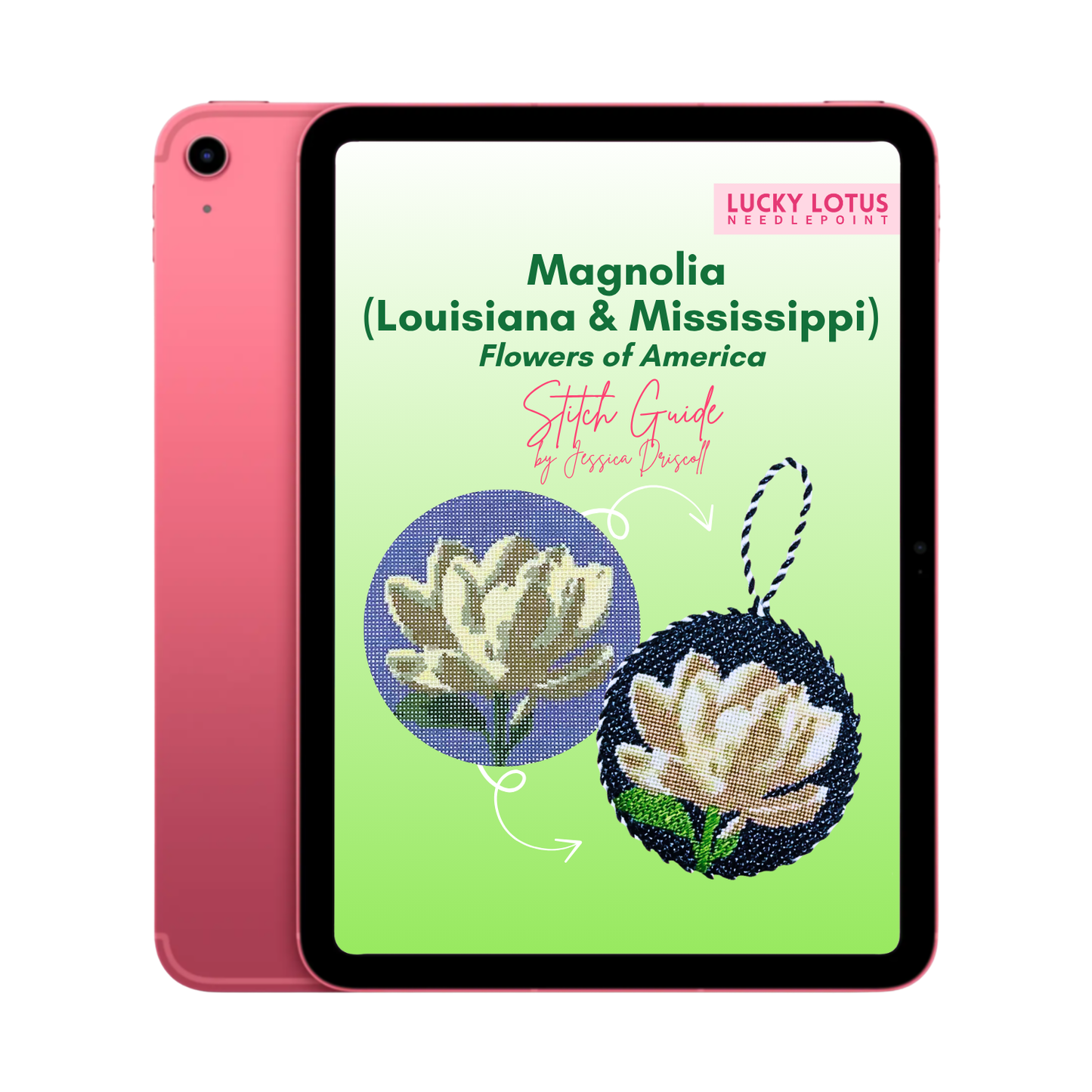 Magnolia Flower Needlepoint Stitch Guide by Jessica Driscoll - Digital Download