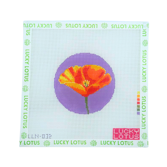 California Poppy flower needlepoint canvas with orange poppy on a purple background by Lucky Lotus Needlepoint