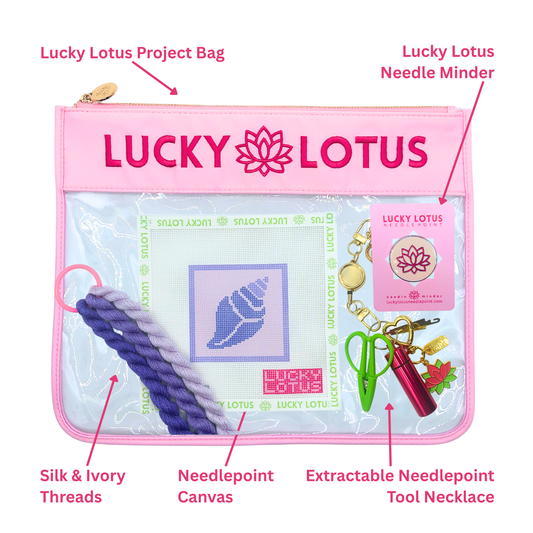 Contents of the Conch Shell Beginner Needlepoint Kit including hand-painted canvas, Silk & Ivory threads, project bag, needle minder, and extractable needlepoint tool keychain.