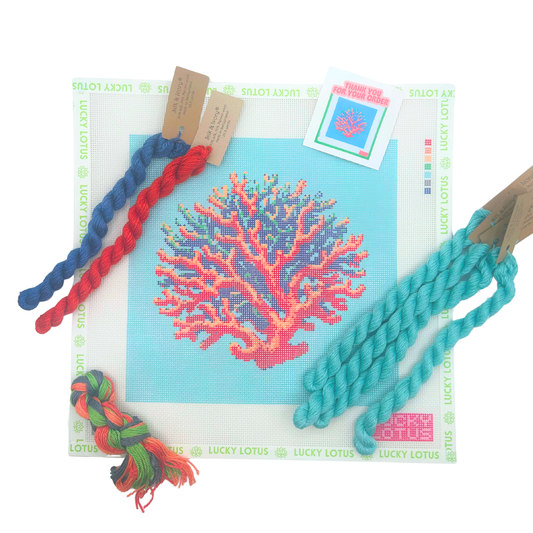 Coral needlepoint canvas with colorful Silk & Ivory threads by Lucky Lotus Needlepoint