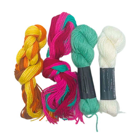 Coordinating needlepoint threads in pink, aqua, cream, orange and yellow for the Cute Cherries canvas