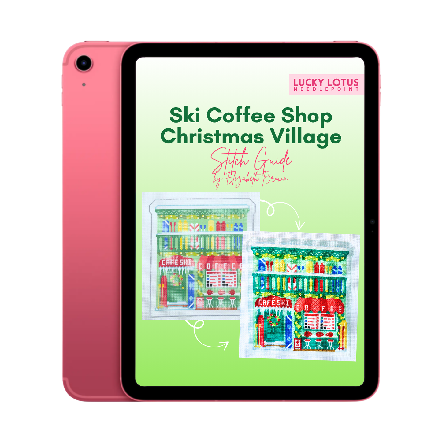 iPad containing the Ski Coffee Shop Christmas Village Needlepoint Stitch Guide by Lucky Lotus Needlepoint and Elizabeth Brown