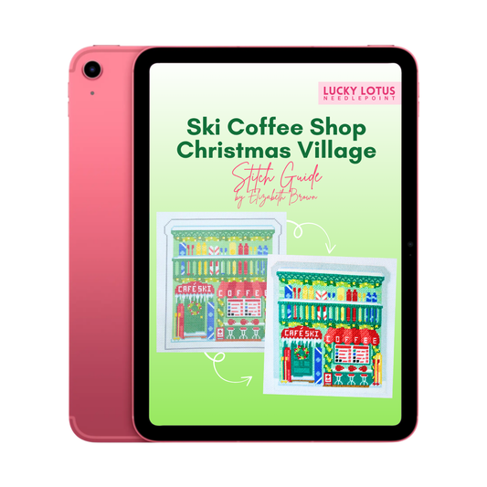 iPad containing the Ski Coffee Shop Christmas Village Needlepoint Stitch Guide by Lucky Lotus Needlepoint and Elizabeth Brown