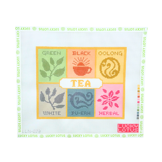 Lucky Lotus Needlepoint Tea Box canvas featuring green, black, oolong, white, pu-erh, and herbal tea designs in colorful blocks.