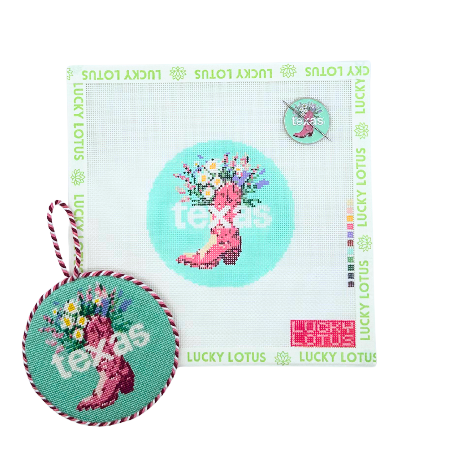 Texas state needlepoint canvas with matching needle minder and finished round ornament featuring a pink cowboy boot filled with colorful wildflowers.