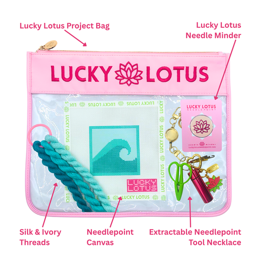 Contents of the Wave Beginner Needlepoint Kit including hand-painted canvas, Silk & Ivory threads, project bag, needle minder, and extractable needlepoint tool keychain.