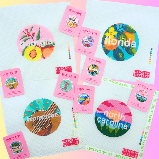 Modern and Colorful State Needle Minders laid over State Needlepoint Canvases for Georgia, Florida, Tennessee, and North Carolina