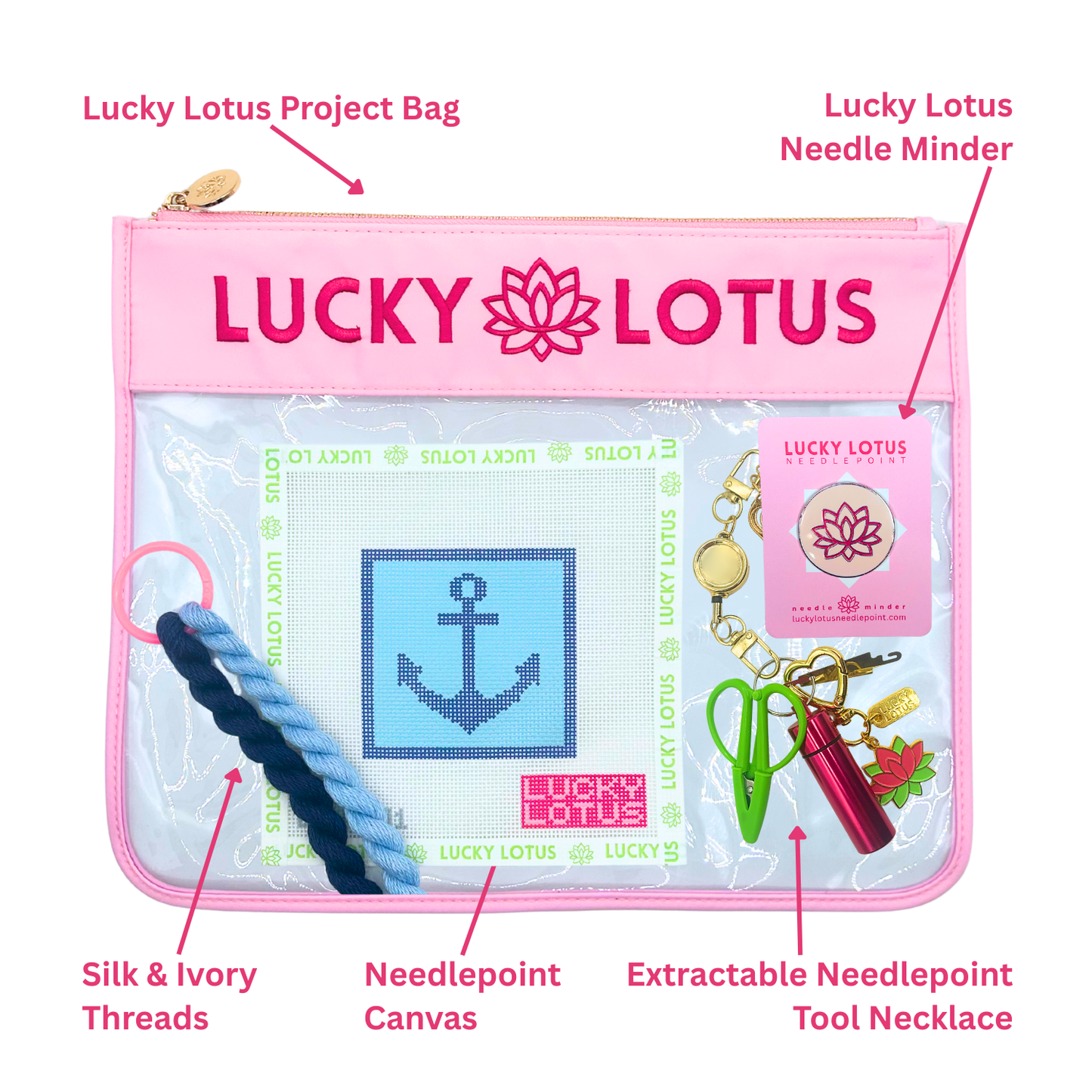 Contents of the Anchor Beginner Needlepoint Kit including hand-painted canvas, Silk & Ivory threads, project bag, needle minder, and extractable needlepoint tool keychain.