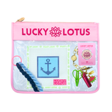 Anchor Beginner Needlepoint Kit with hand-painted canvas, Silk & Ivory threads, project bag, needle minder, and Lucky Lotus stitching tools.