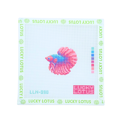 18 mesh Betta Fish needlepoint canvas featuring a vibrant pink and blue Siamese fighting fish, designed by Lucky Lotus Needlepoint.