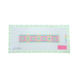 Colorful granny squares needlepoint canvas with pink, blue, green, yellow and lavender motifs, shown with Lucky Lotus canvas tape.