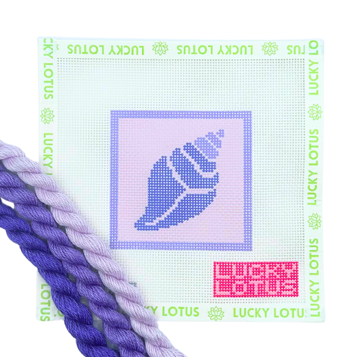Hand-painted conch shell needlepoint canvas for the Lucky Lotus Crab Beginner Needlepoint Kit.