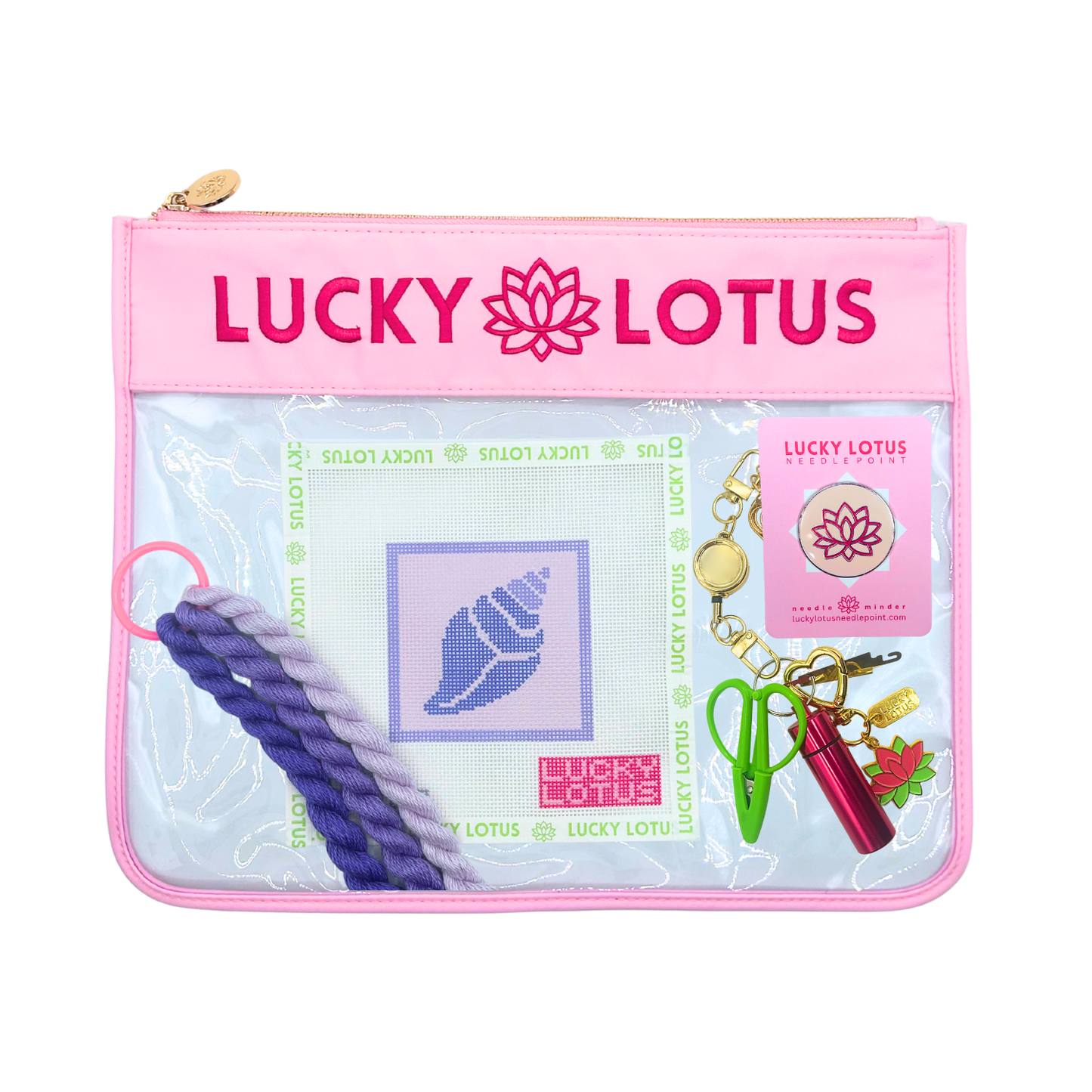 Conch Shell Beginner Needlepoint Kit with hand-painted canvas, Silk & Ivory threads, project bag, needle minder, and Lucky Lotus stitching tools.