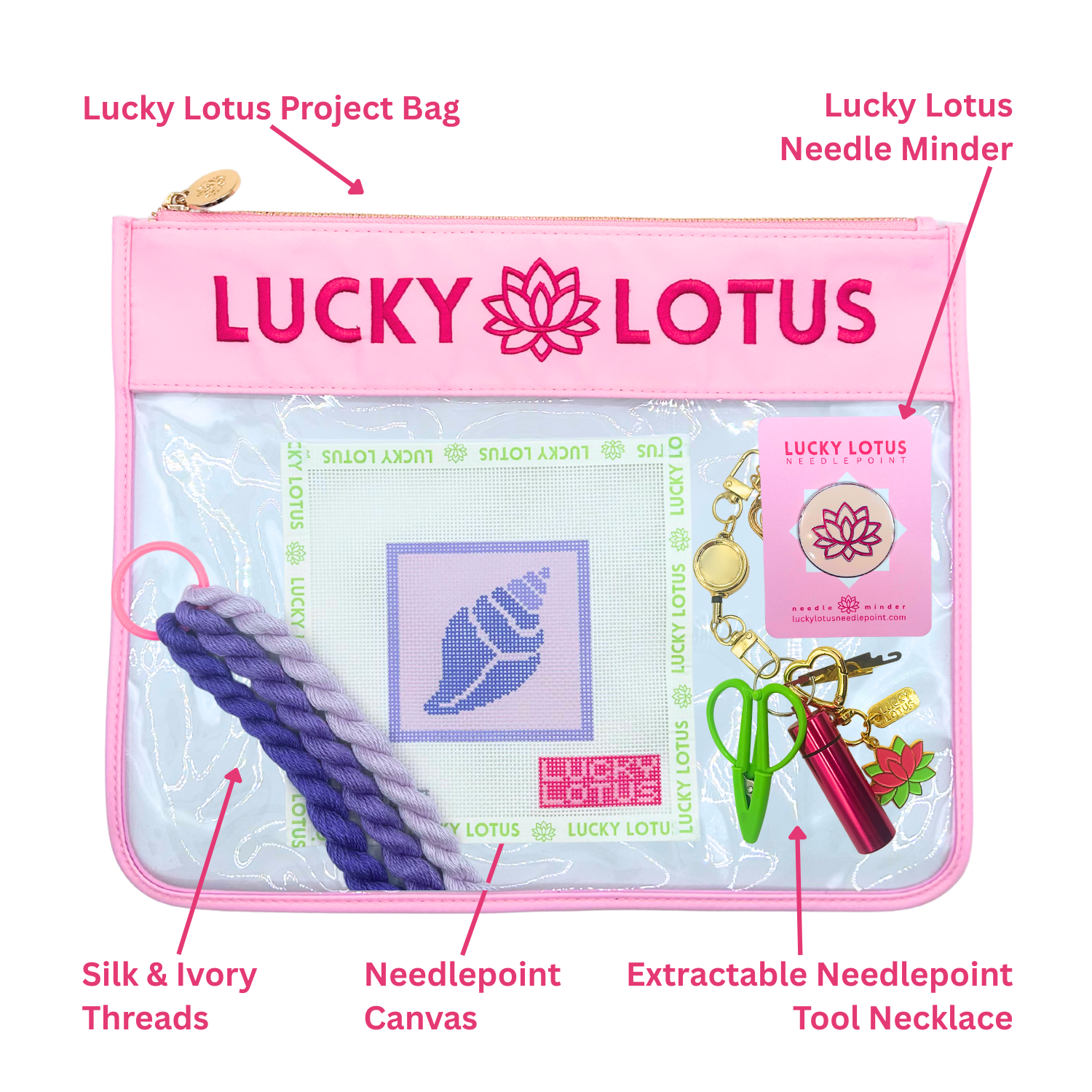 Contents of the Conch Shell Beginner Needlepoint Kit including hand-painted canvas, Silk & Ivory threads, project bag, needle minder, and extractable needlepoint tool keychain.