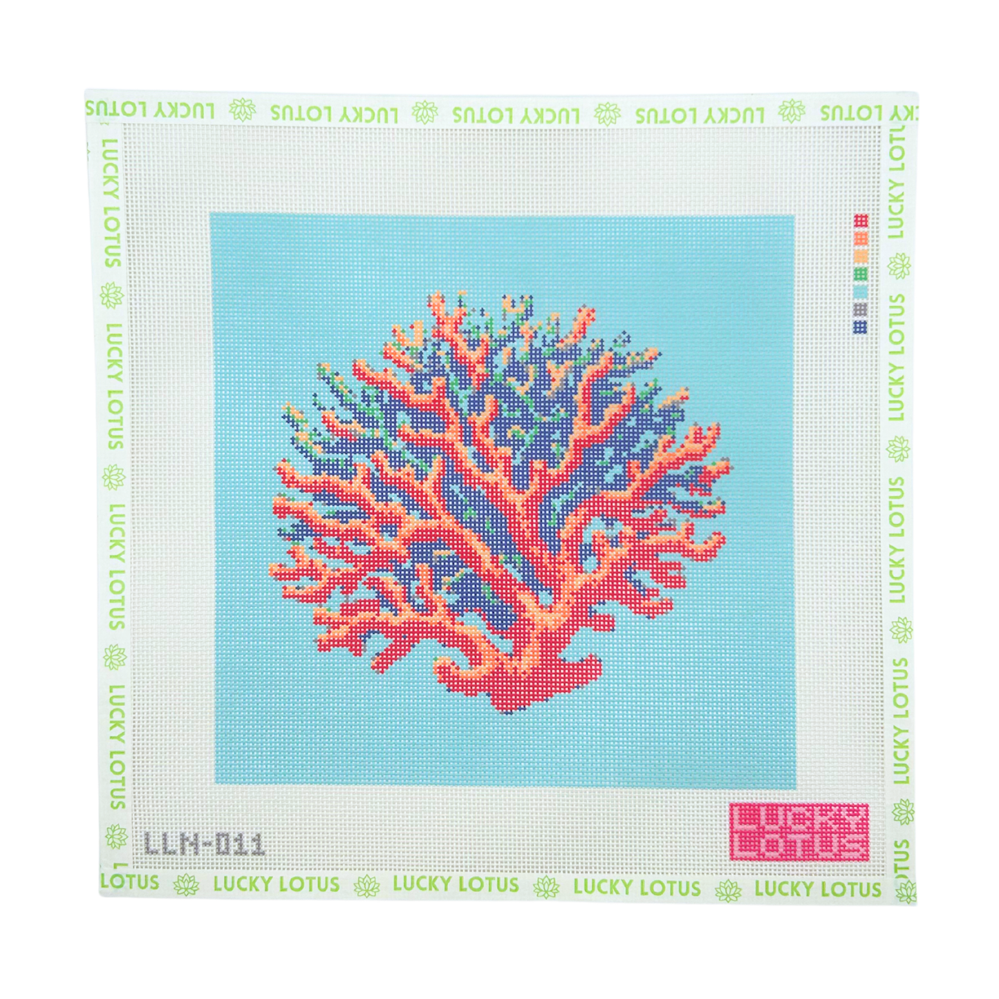 Colorful coral reef needlepoint canvas with coral, blue and green details on an aqua background