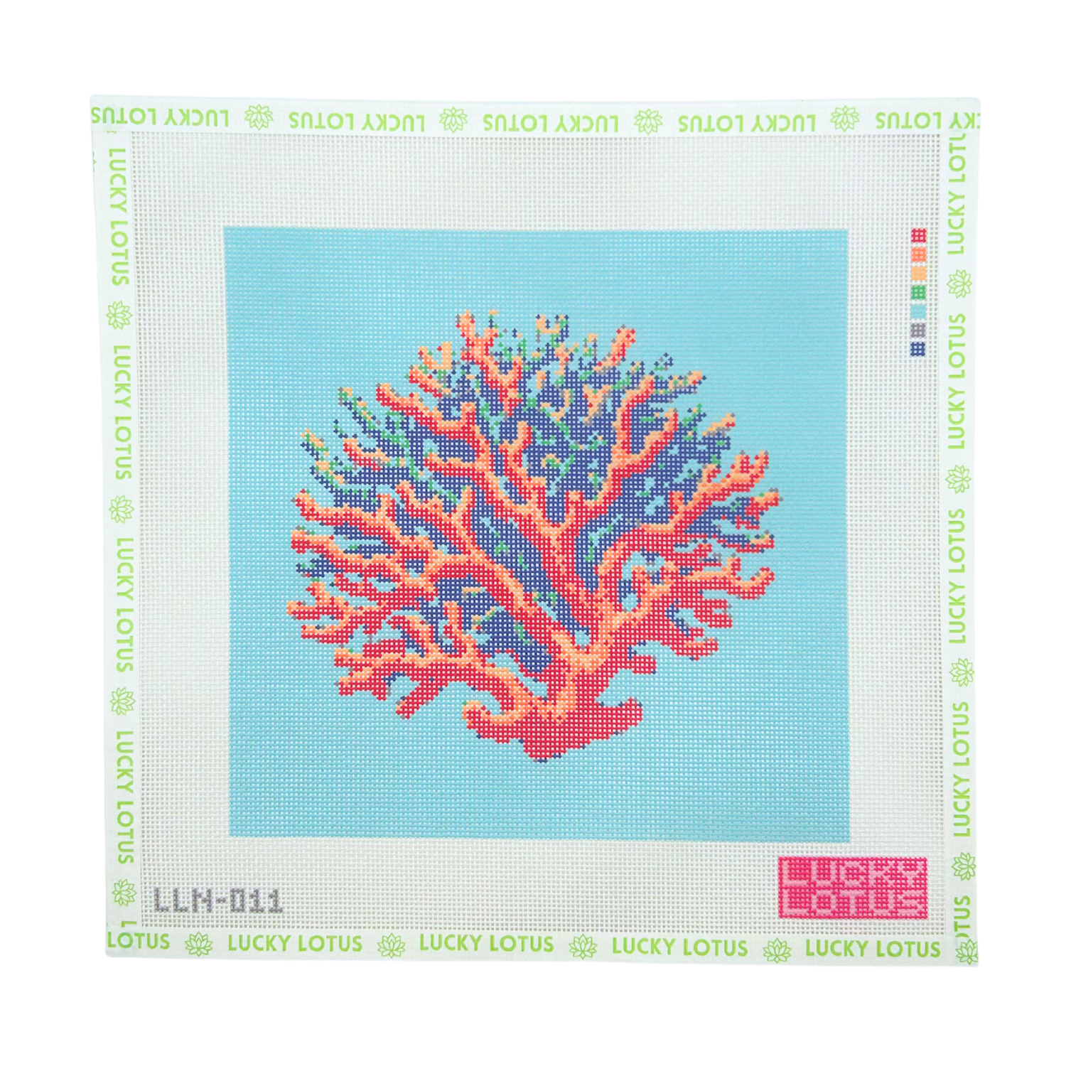 Colorful coral reef needlepoint canvas with coral, blue and green details on an aqua background
