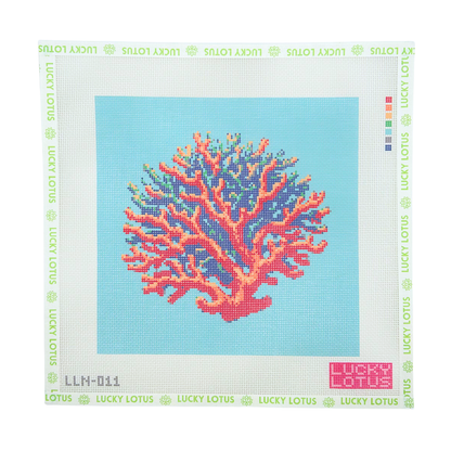 Colorful coral reef needlepoint canvas with coral, blue and green details on an aqua background