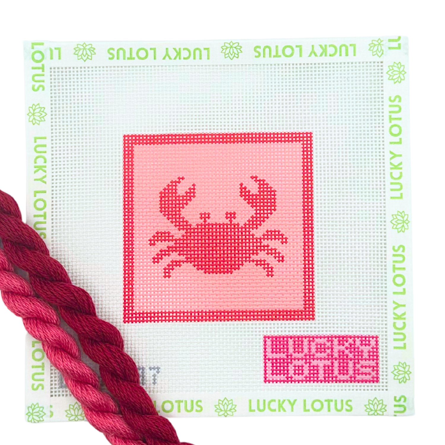 Hand-painted crab needlepoint canvas for the Lucky Lotus Crab Beginner Needlepoint Kit.