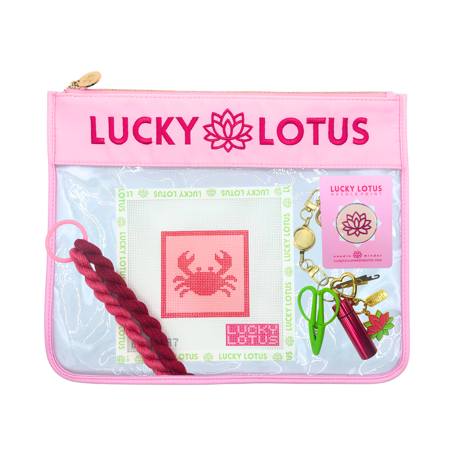 Crab Beginner Needlepoint Kit with hand-painted canvas, Silk & Ivory threads, project bag, needle minder, and Lucky Lotus stitching tools.
