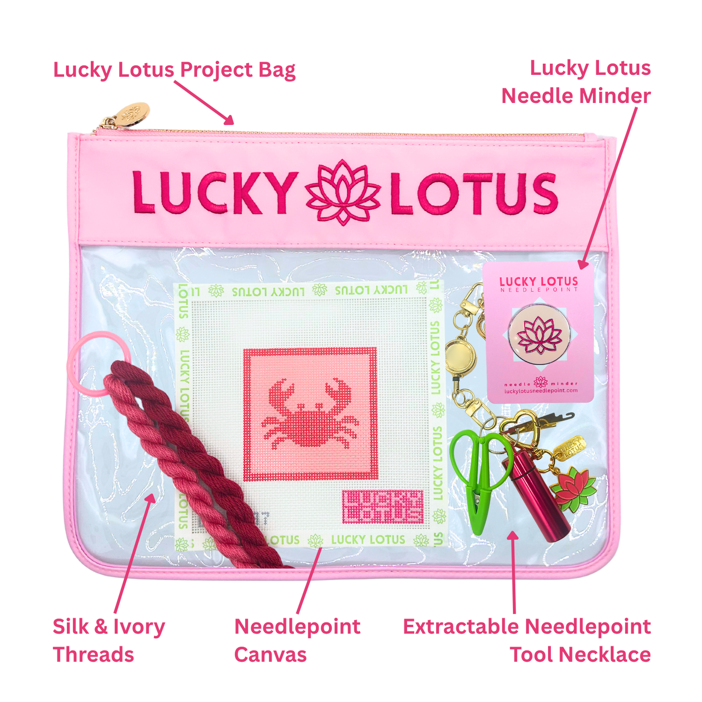 Contents of the Crab Beginner Needlepoint Kit including hand-painted canvas, Silk & Ivory threads, project bag, needle minder, and extractable needlepoint tool keychain.