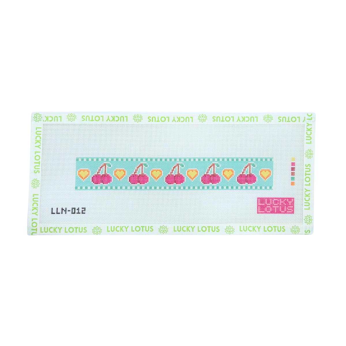 Cherry needlepoint canvas featuring repeating pink cherries and orange hearts on an aqua background