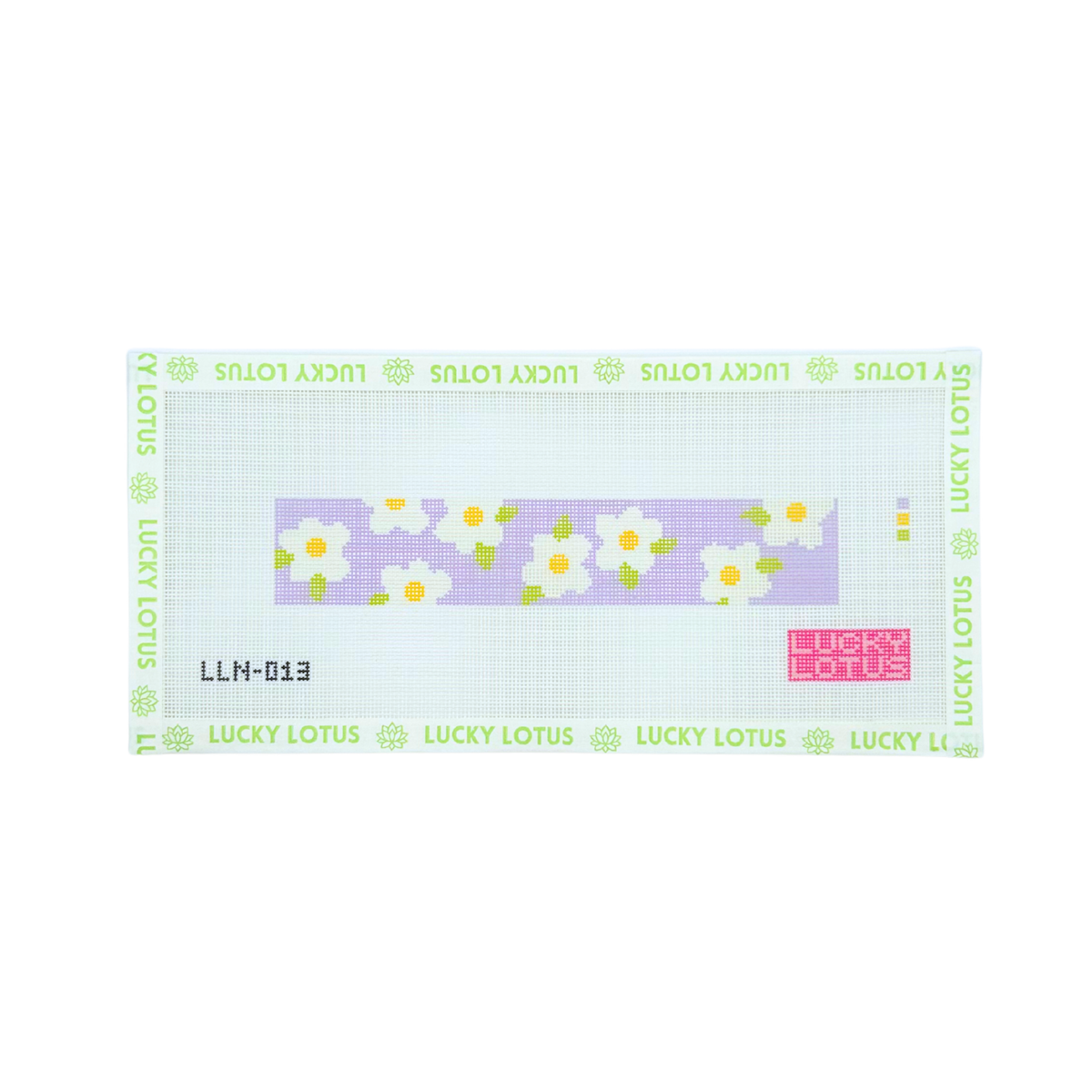 Floral needlepoint canvas featuring white daisies with yellow centers on a lavender background
