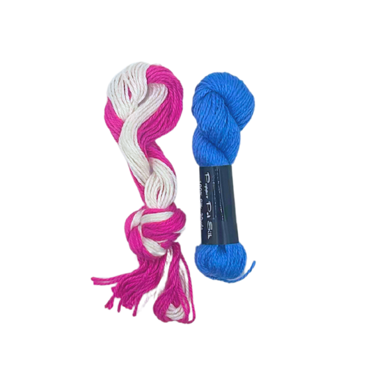 Pink and white variegated and blue needlepoint threads for the Drive Safe Someone Loves You canvas