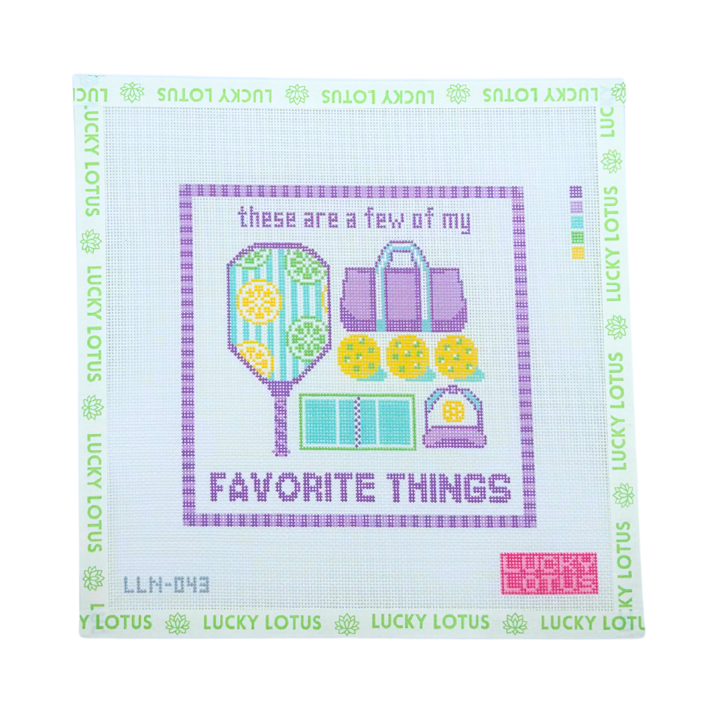 Pickleball favorite things needlepoint canvas with paddle, bag, balls, court and hat
