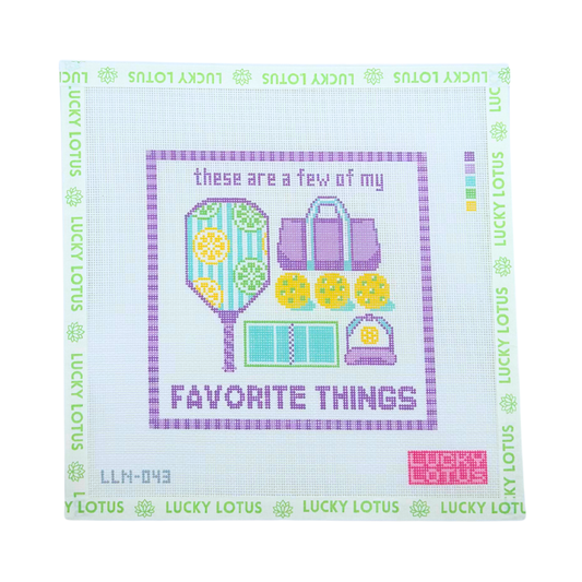 Pickleball favorite things needlepoint canvas with paddle, bag, balls, court and hat