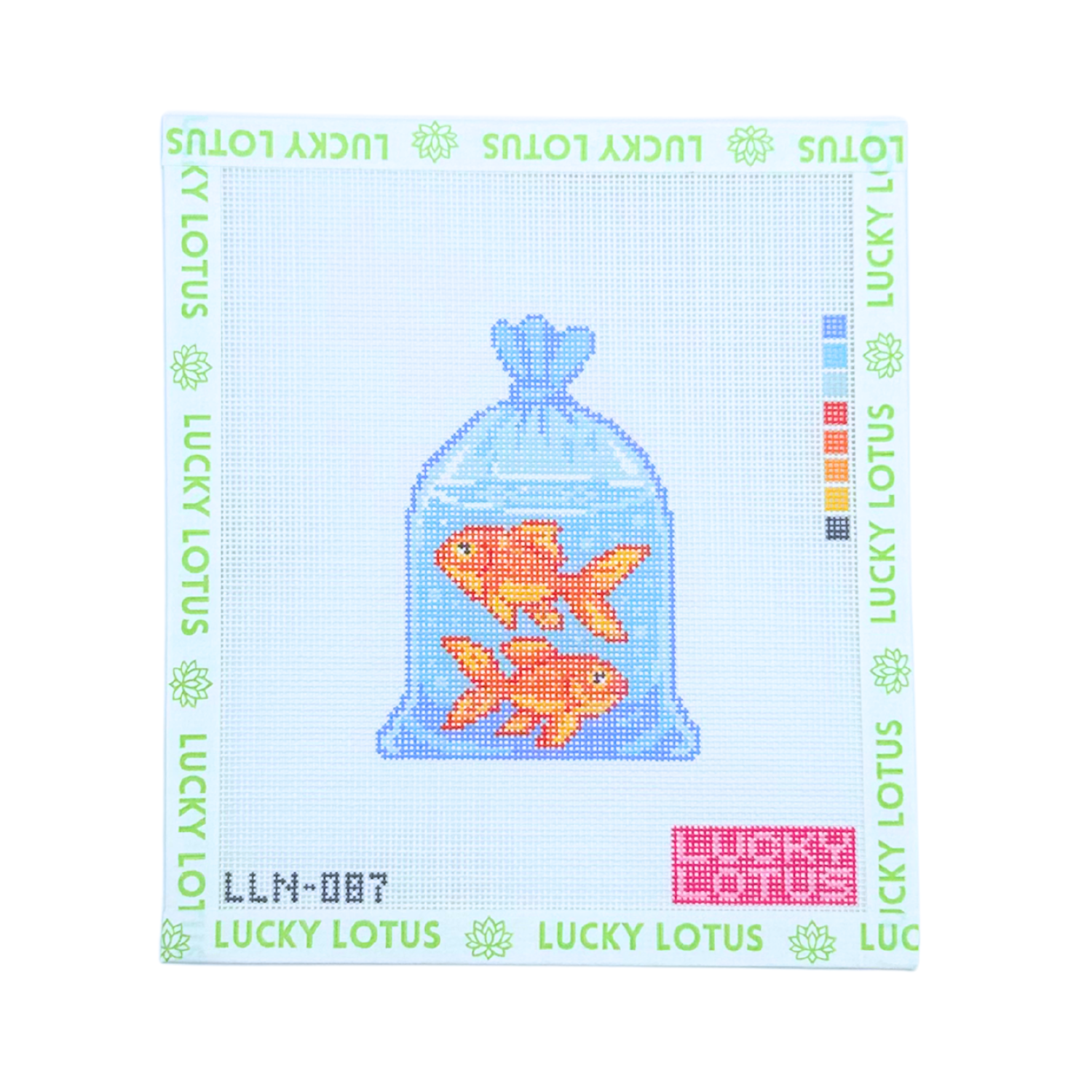 18 mesh Goldfish in a Bag needlepoint canvas featuring two orange goldfish inside a clear water bag, designed by Lucky Lotus Needlepoint.