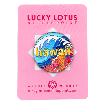 Hawaii needle minder with blue ocean waves, colorful hibiscus flowers, and Hawaii lettering by Lucky Lotus Needlepoint.
