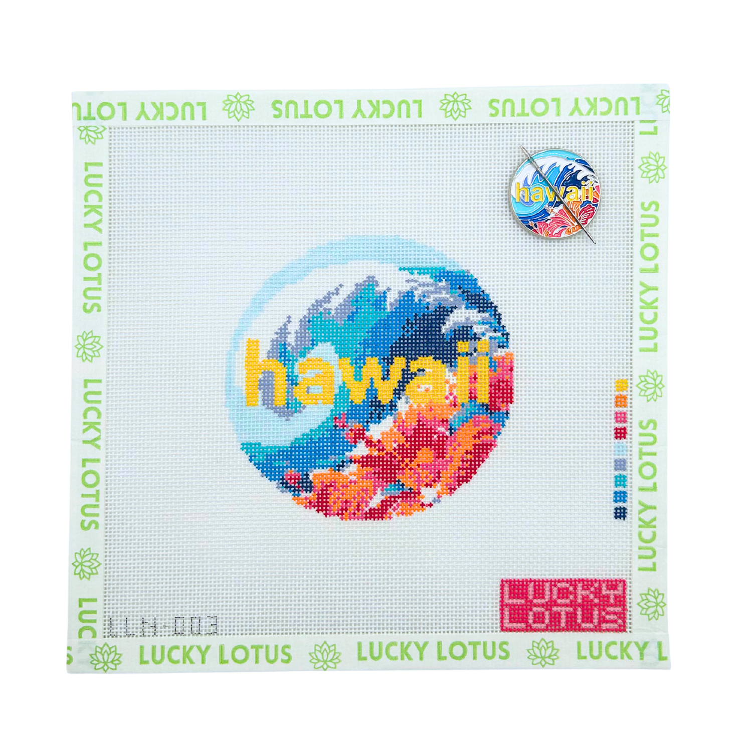 Hawaii state needlepoint canvas featuring ocean waves and tropical hibiscus flowers with the matching Hawaii needle minder.