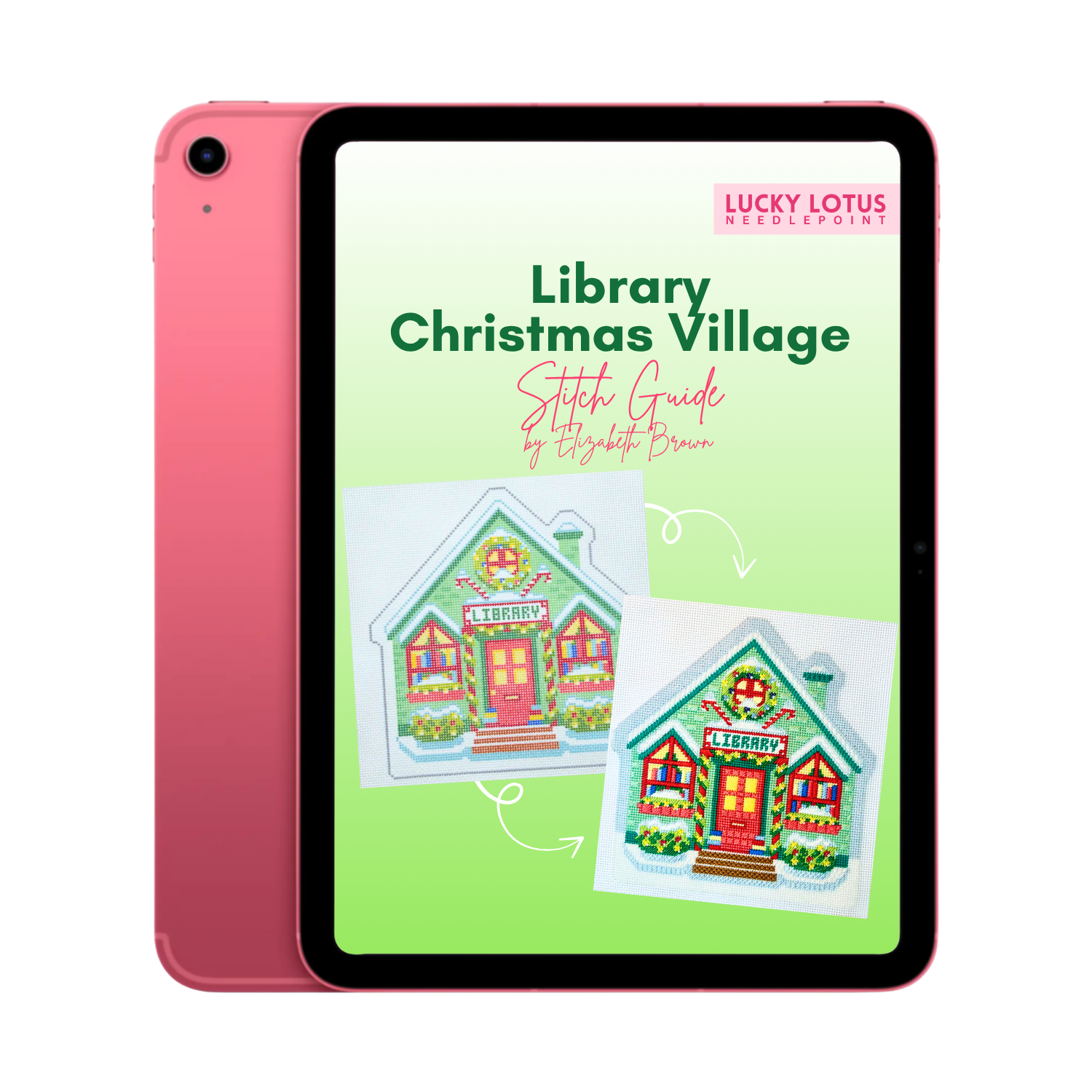 iPad containing Library Christmas Village Needlepoint Stitch Guide by Lucky Lotus Needlepoint digitally downloaded