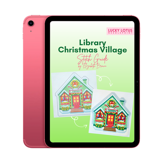 iPad containing Library Christmas Village Needlepoint Stitch Guide by Lucky Lotus Needlepoint digitally downloaded