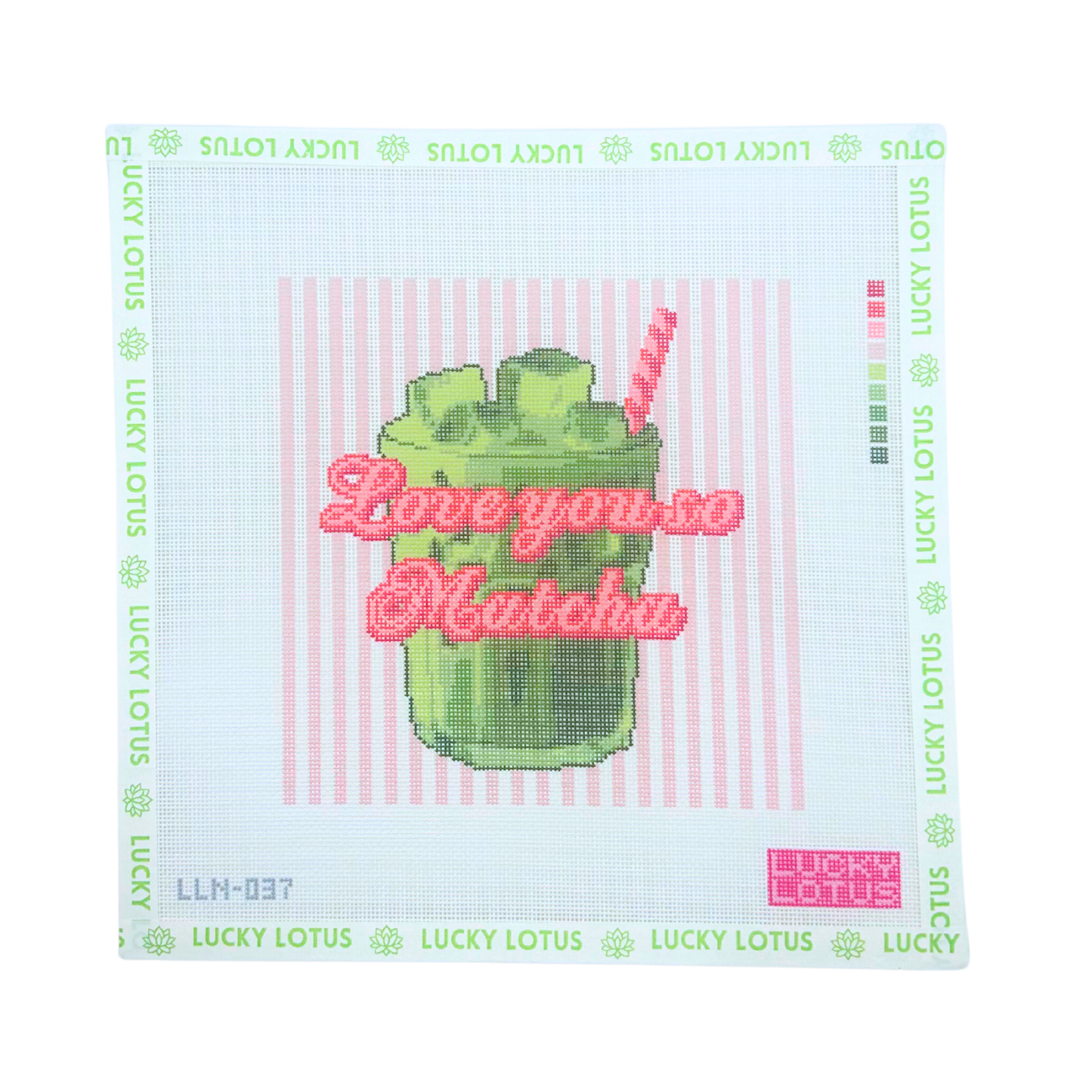 Love You So Matcha needlepoint canvas with green matcha drink and pink striped background