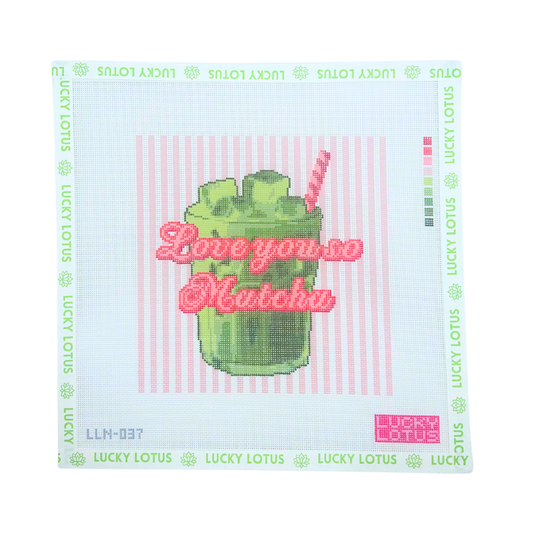 Love You So Matcha needlepoint canvas with green matcha drink and pink striped background