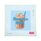 Love You a Latte coffee needlepoint canvas with an iced coffee and whipped cream on a blue striped background, shown with Lucky Lotus canvas tape.