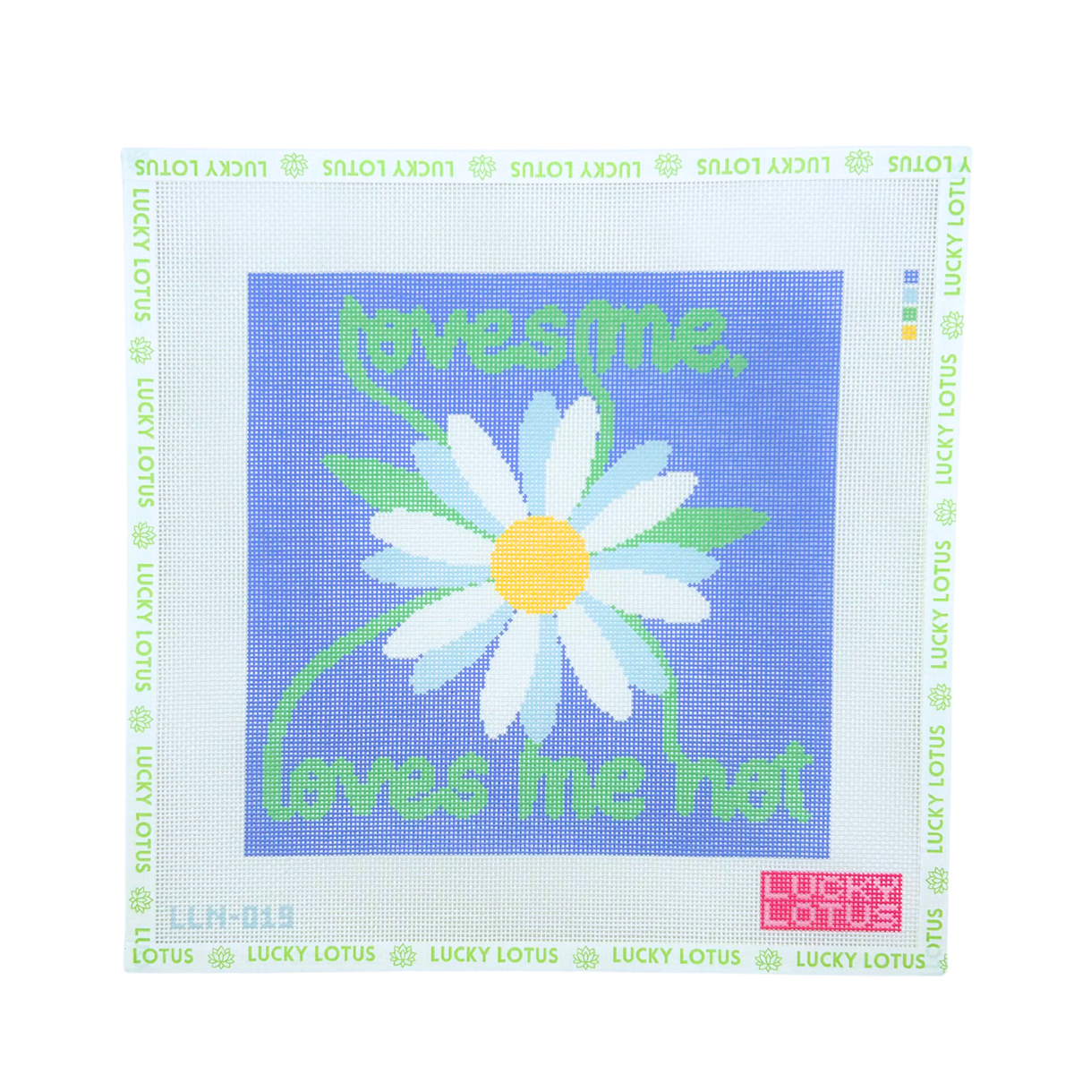 Daisy needlepoint canvas with “loves me, loves me not” lettering on a periwinkle blue background