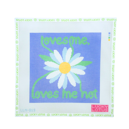 Daisy needlepoint canvas with “loves me, loves me not” lettering on a periwinkle blue background