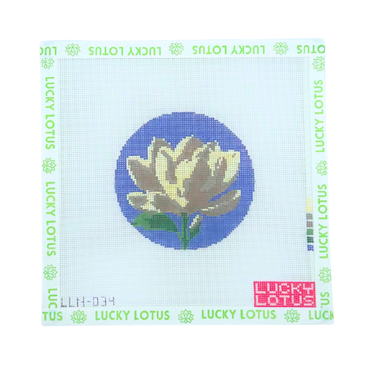 Magnolia flower needlepoint canvas with white magnolia on a blue background by Lucky Lotus Needlepoint