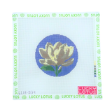 Magnolia flower needlepoint canvas with white magnolia on a blue background by Lucky Lotus Needlepoint