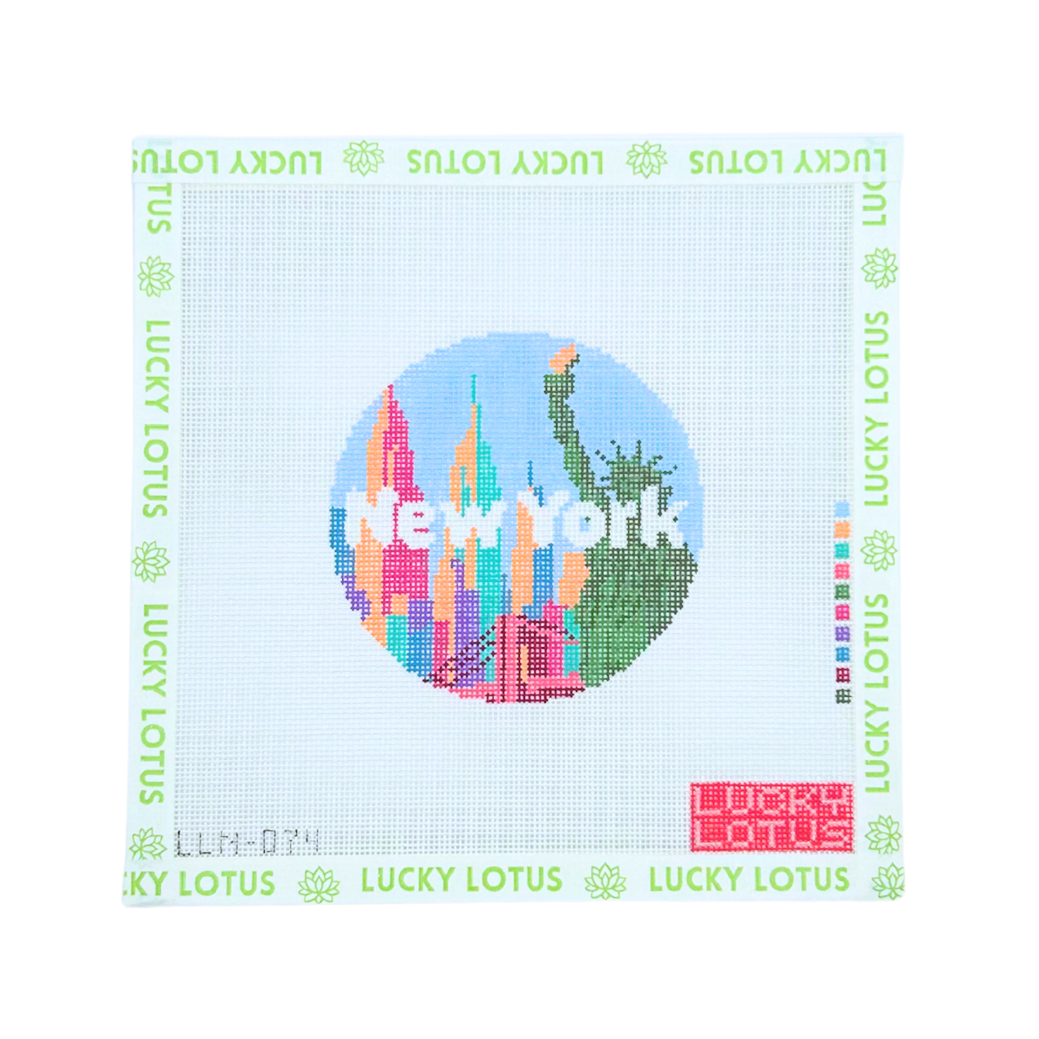 New York City needlepoint round canvas featuring the Statue of Liberty and colorful Manhattan skyline by Lucky Lotus Needlepoint
