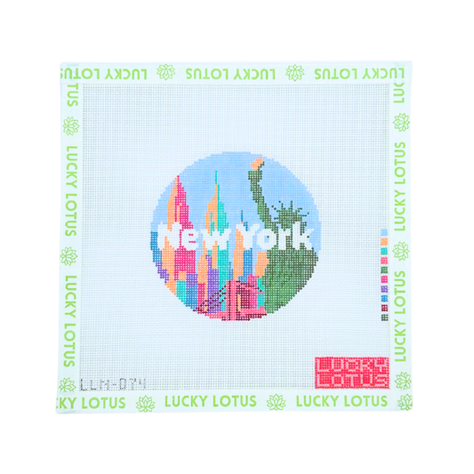 New York City needlepoint round canvas featuring the Statue of Liberty and colorful Manhattan skyline by Lucky Lotus Needlepoint