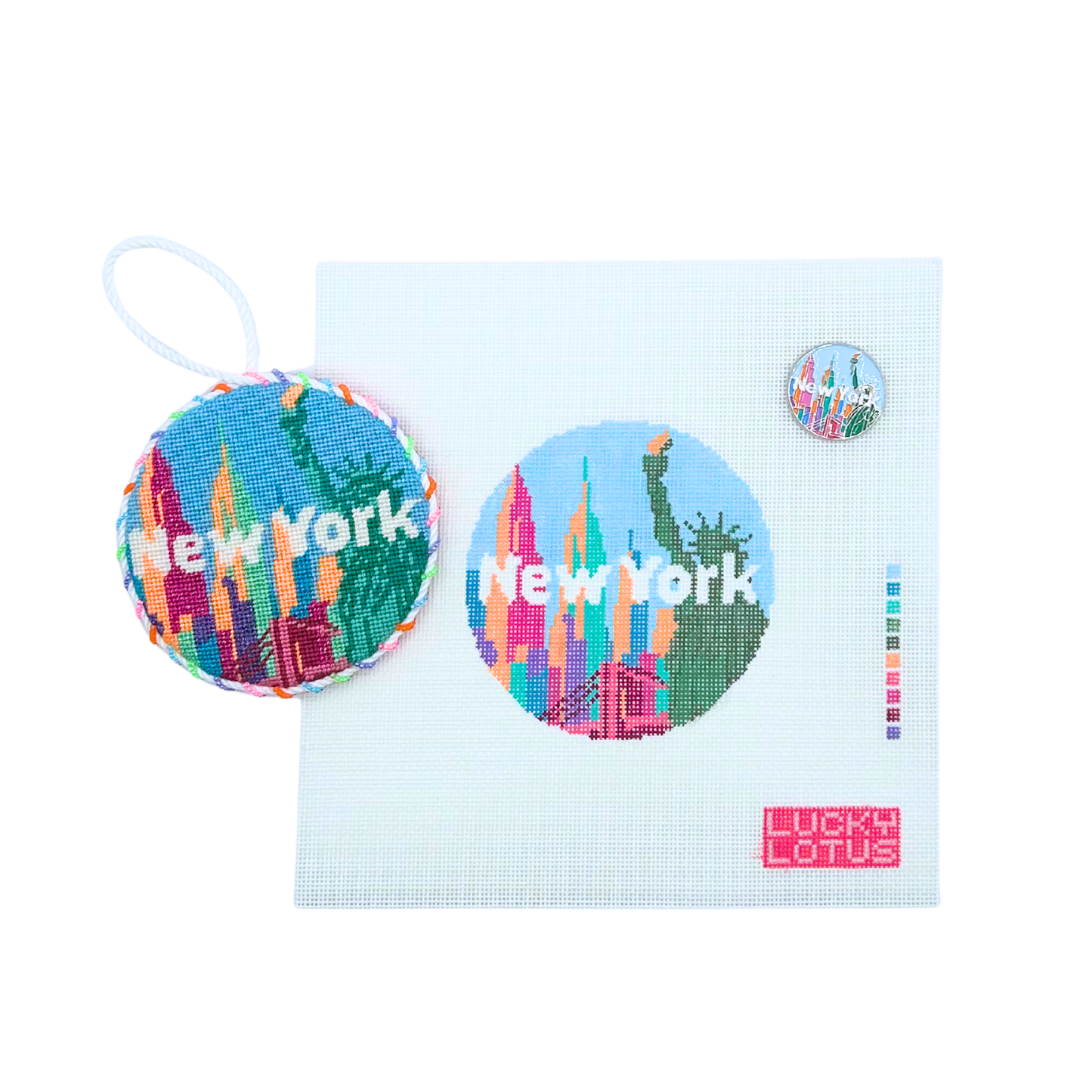 New York City needlepoint canvas with finished ornament and matching New York needle minder by Lucky Lotus Needlepoint