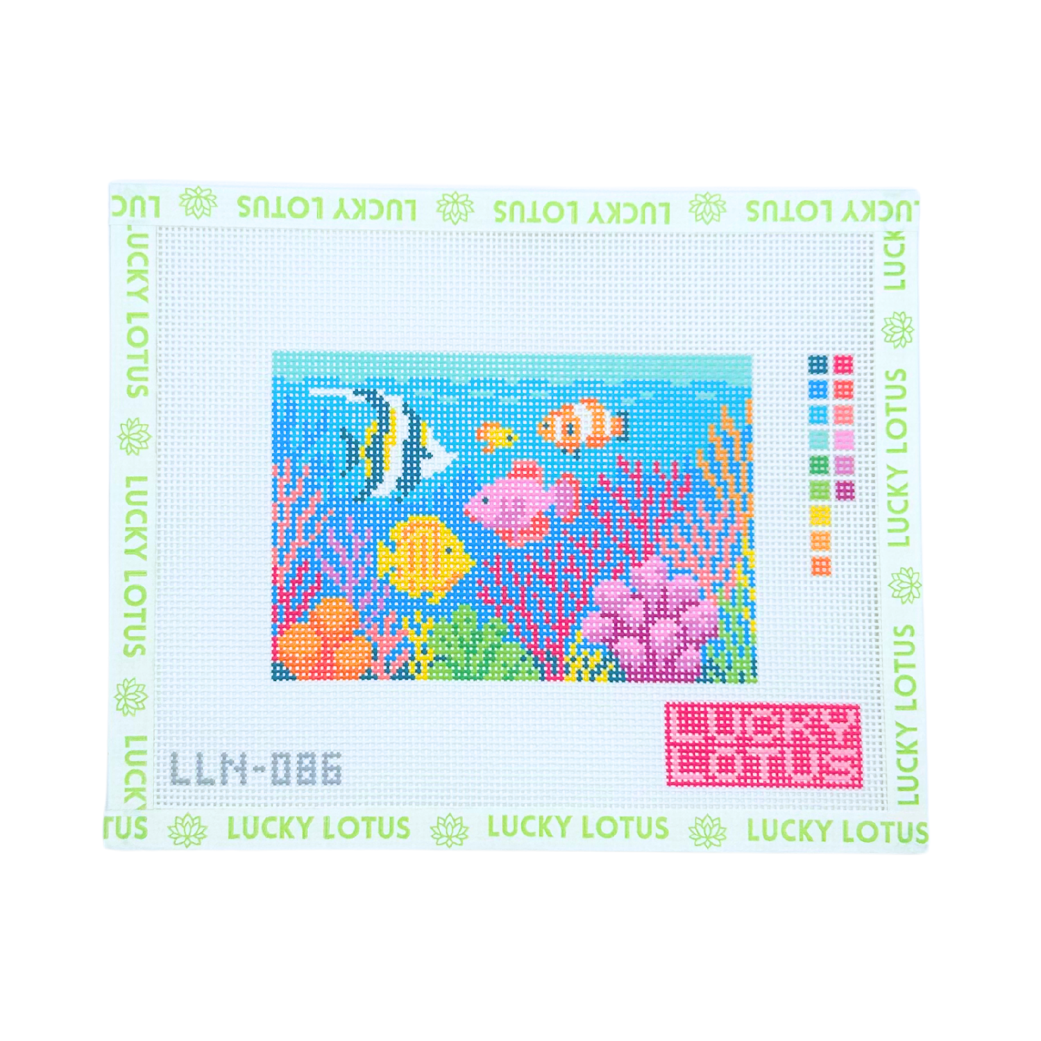 13 mesh Ocean Aquarium needlepoint canvas featuring colorful tropical fish swimming among vibrant coral, including a clownfish, angelfish, butterflyfish, and pink fish.