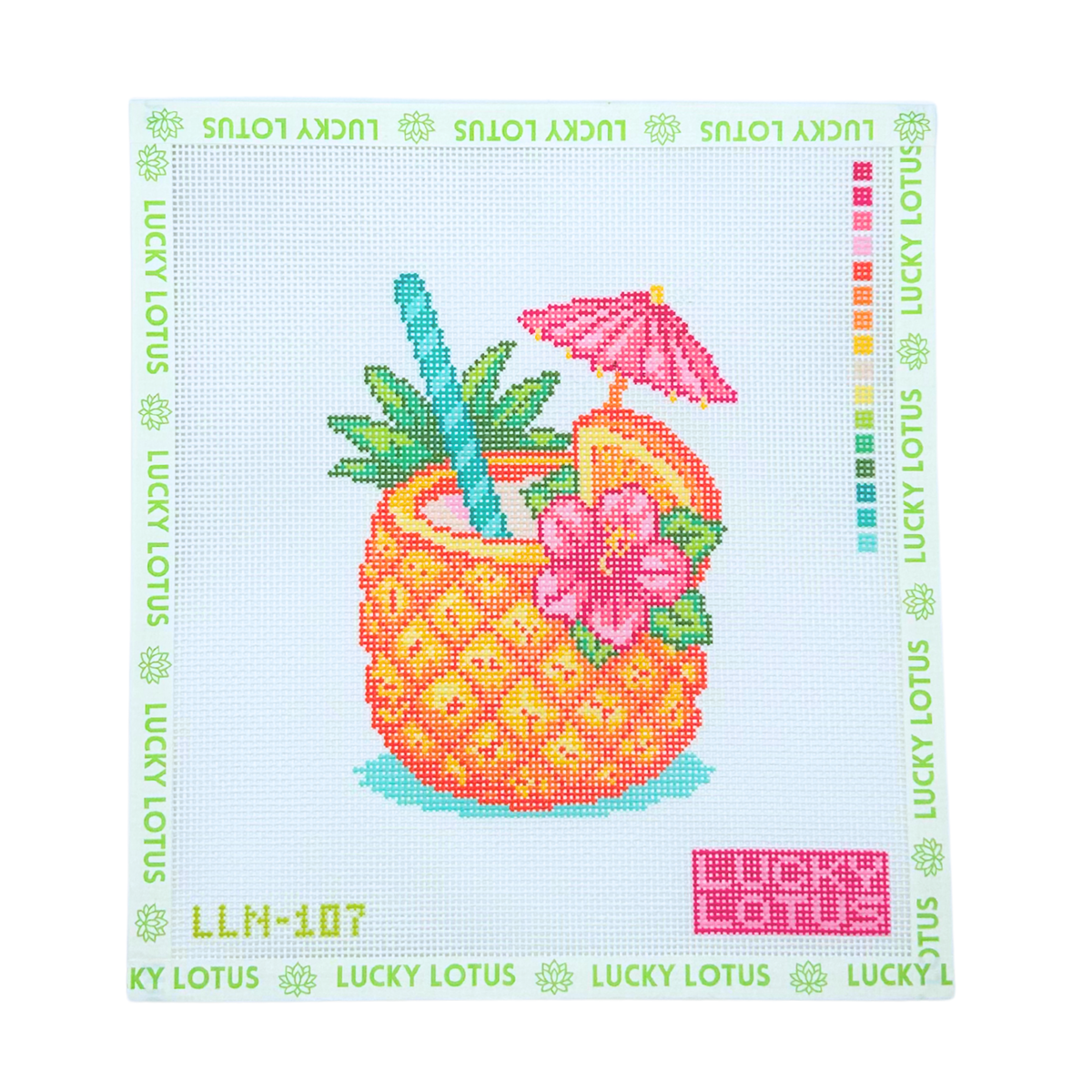 Lucky Lotus Needlepoint pineapple cocktail canvas featuring a tropical drink with pink flowers, citrus slices, palm leaves, and a pink umbrella.