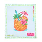 Lucky Lotus Needlepoint pineapple cocktail canvas featuring a tropical drink with pink flowers, citrus slices, palm leaves, and a pink umbrella.