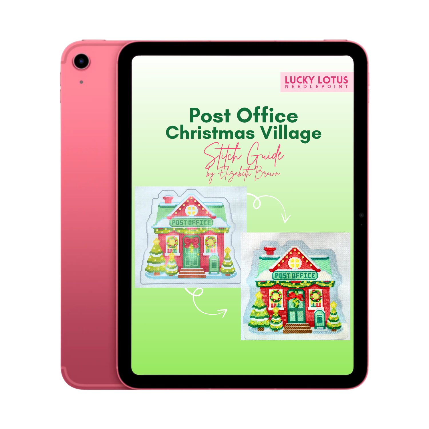 iPad containing the Post Office Christmas Village Needlepoint Stitch Guide by Lucky Lotus Needlepoint and Elizabeth Brown