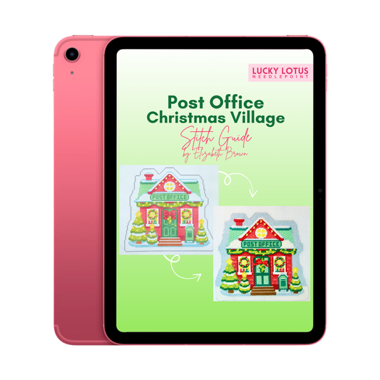 iPad containing the Post Office Christmas Village Needlepoint Stitch Guide by Lucky Lotus Needlepoint and Elizabeth Brown