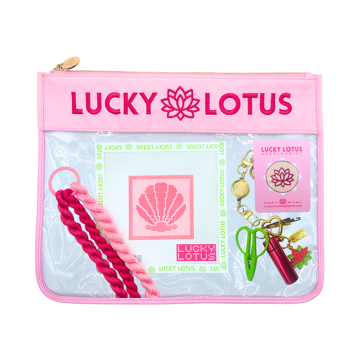 Seashell Beginner Needlepoint Kit with hand-painted canvas, Silk & Ivory threads, project bag, needle minder, and Lucky Lotus stitching tools.